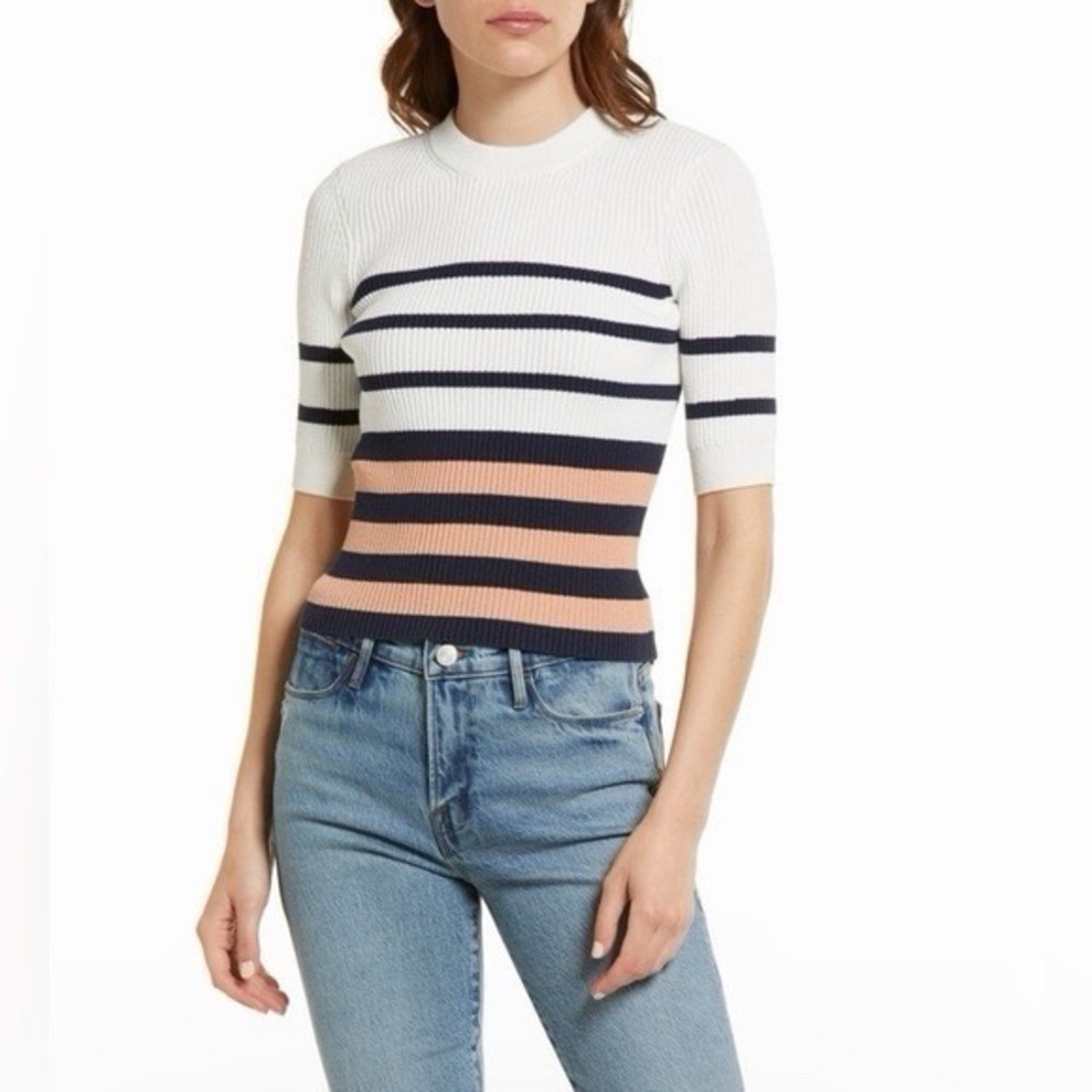 Frame Women's Ribbed Striped Round‎ Neck Short Sleeve Knit Top White Size M